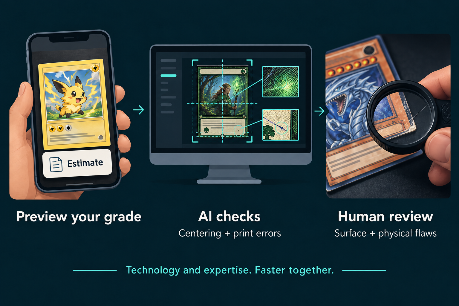Non-sports trading card grading: preview an estimated grade, AI checks centering and print errors, and humans inspect physical flaws. Illustrated with creature, fantasy and monster cards.